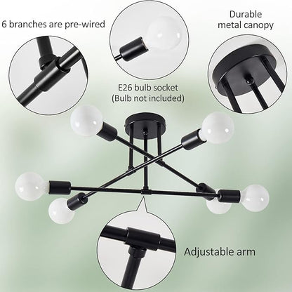 Semi Flush Mount Ceiling Light Fixture, 6 Lights Modern Sputnik Chandelier Ceiling Lamp with E26 Bulb Base, Light Fixtures Ceiling Mount for Bedroom Kitchen Living Room Hallway (Black)