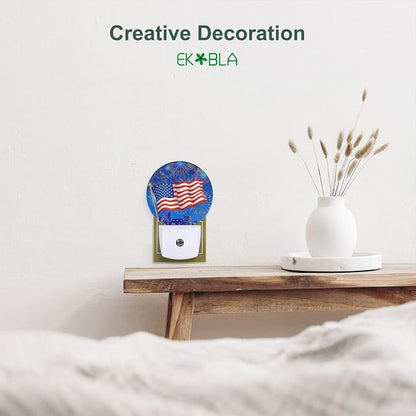 EKOBLA 4th of July Plug-in Night Light, Patriotic American Flag & Fireworks LED Nightlight for Independence Day Decor