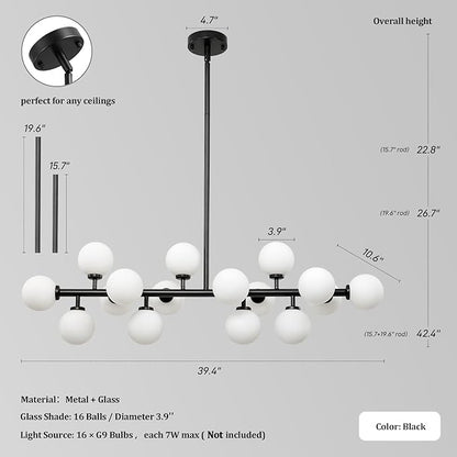 16-Light Mid Century Modern Chandelier: 39.4" Black Linear Sputnik Chandeliers - Milk White Glass Globe Dining Room Light Fixture - Long Modern Pendant Chandelier for Living Room Kitchen Island Table