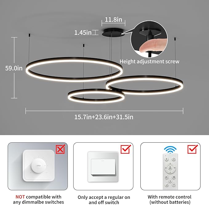 Mikeru Modern LED 3 Ring Chandelier Light, Ceiling Pendant Light Fixtures with Remote Control 3000k-6500K Adjustable Color Temperature Light for Living Room, Bedroom, Kitchen （15.7+23.6+31.5N）