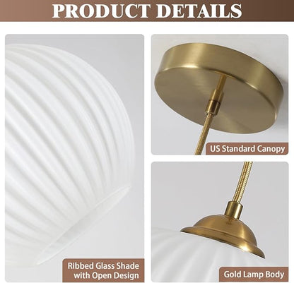KCO Lighting Mid Century 1-Light Globe Pendant Light Industrial Vintage Brass Gold Pendant Lighting Fixture Kitchen Island Adjustable White Glass Hanging Ceiling Lights
