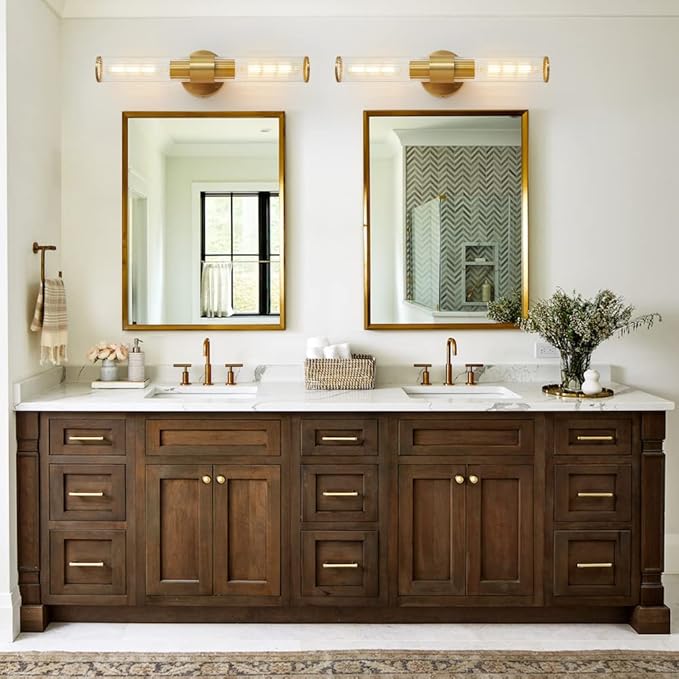 Gold Bathroom Light Fixtures 2 Pack, Vanity Lights for Mirror with Threaded Glass Shade, 20 Inch Up and Down Wall Sconces for Bathroom Bedroom Living Room Hallway - Bulb Not Included