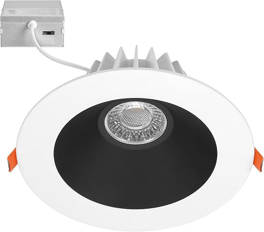 Maxxima 6” Ultra-Thin Recessed Anti-Glare LED Downlight, Canless IC Rated, 1200 Lumens, 5 CCT Select 2700K/3000K/3500K/4000K/5000K, Dimmable, White Trim Black Baffle, 90 CRI, Slim J-Box Included