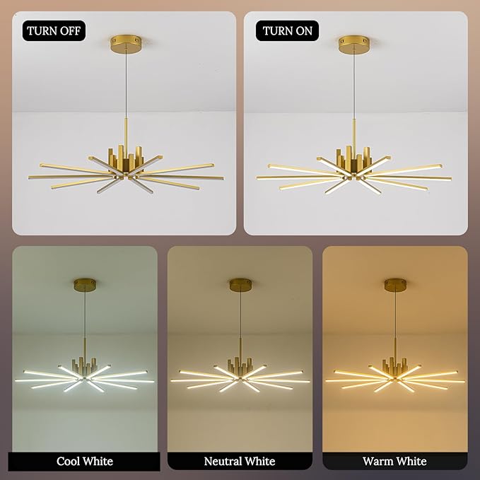 Gold Modern Sputnik Chandelier with Remote Control, 56W 3-Color Temperature Dimmable LED Chandelier for Dining Room, Hanging Adjustable Pendant Light for Living Room Kitchen Foyer Entryway