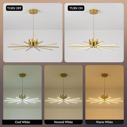 Gold Modern Sputnik Chandelier with Remote Control, 56W 3-Color Temperature Dimmable LED Chandelier for Dining Room, Hanging Adjustable Pendant Light for Living Room Kitchen Foyer Entryway