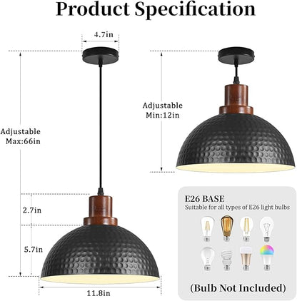 11.8" Wood Pendant Lights Kitchen Island, Hammered Dome Pendant Lighting, Black Pendant Light Fixture Hanging Ceiling Light