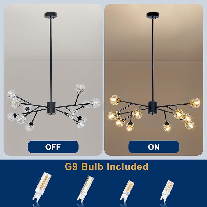 Depuley Chandelier Ceiling Light Fixture: 12-Light Modern Sputnik Chandelier for Dining Room - Height Adjustable Mid Century Black Crystal Chandelier for Bedroom Living Room (Included G9 Bulbs)