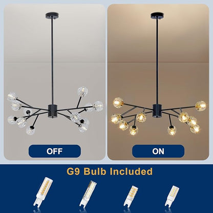 Depuley Chandelier Ceiling Light Fixture: 12-Light Modern Sputnik Chandelier for Dining Room - Height Adjustable Mid Century Black Crystal Chandelier for Bedroom Living Room (Included G9 Bulbs)