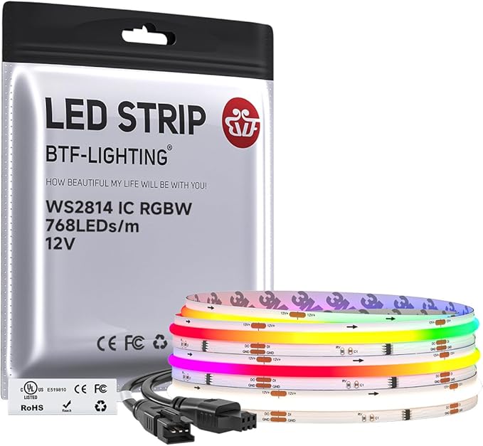 BTF-LIGHTING FCOB COB LED Strip Light, WS2814 Smart IC RGBW 4000K Color Chasing Light, UL Listed DC12V 9.8FT 784LEDs/m High Density 10mm Width for Home Party DIY Decor(No Adapter or Controller)
