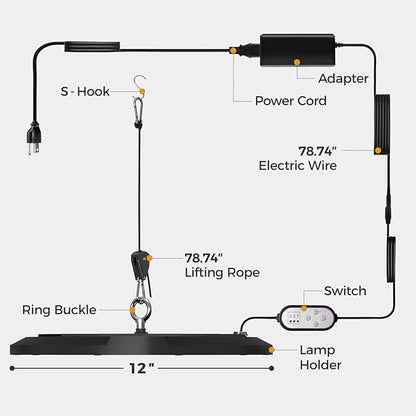 Bamworld Hanging Grow Light for Indoor Plants Full Spectrum 10 Dimmable Levels LED Grow Light Height Adjustable Long Cord Timer Garden Greenhouse Flowers Large Tall Plant Black