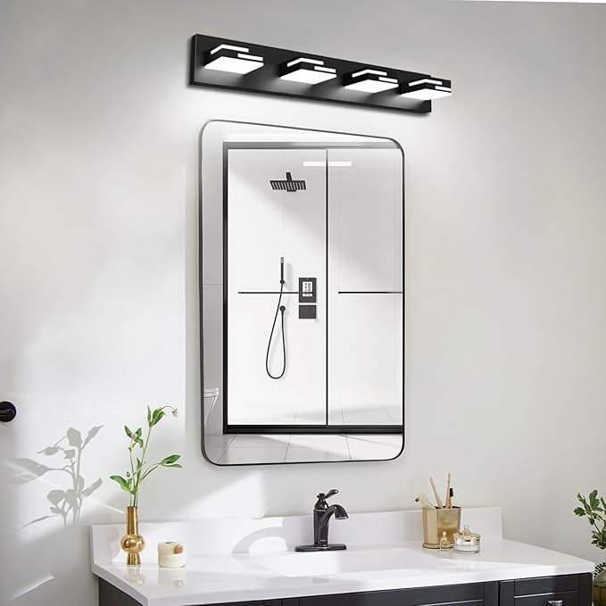 LED Modern Bathroom Vanity Light Fixtures 4-Light 28-inch 5CCT Dimmable Matte Black Vanity Lights for Bathroom Lighting Fixtures Over Mirror, with 360° Rotatable Acrylic Heads
