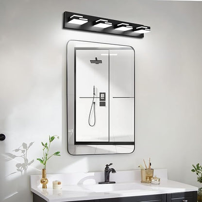 LED Modern Bathroom Vanity Light Fixtures, 4-Light 28-inch Dimmable Matte Black Vanity Lights for Bathroom Lighting Fixtures Over Mirror, with 360° Rotatable Acrylic Heads (Cool White 6000K)
