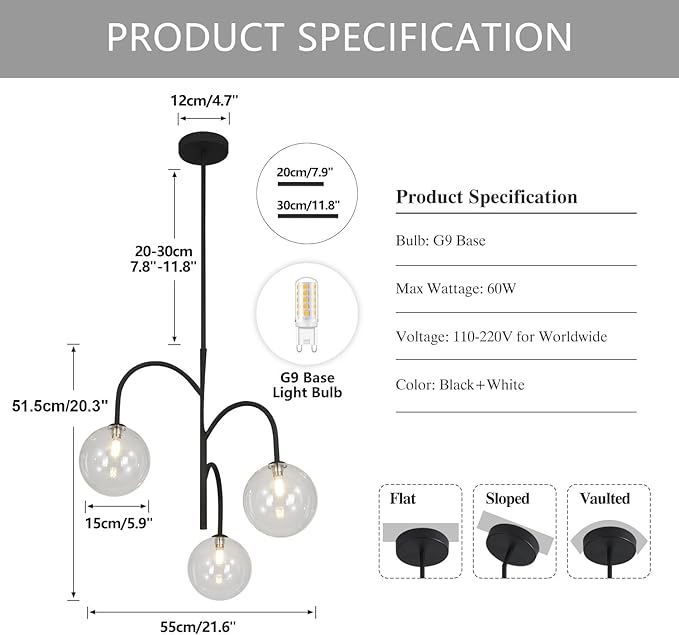 3-Light Clear Glass Globe Chandelier Farmhouse Black Pendant Lights Kitchen Island Light Modern Dining Room Chandelier Mid Century Sputnik Ceiling Light Fixture