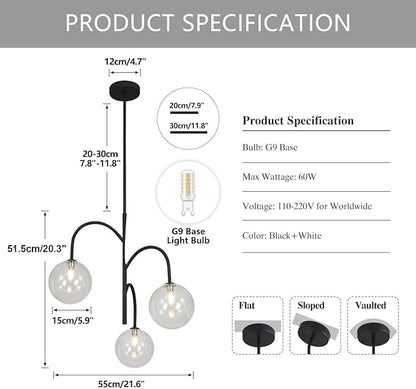 3-Light Clear Glass Globe Chandelier Farmhouse Black Pendant Lights Kitchen Island Light Modern Dining Room Chandelier Mid Century Sputnik Ceiling Light Fixture