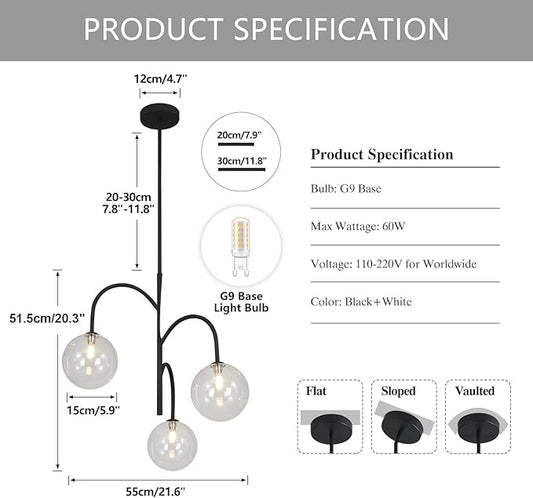 3-Light Clear Glass Globe Chandelier Farmhouse Black Pendant Lights Kitchen Island Light Modern Dining Room Chandelier Mid Century Sputnik Ceiling Light Fixture