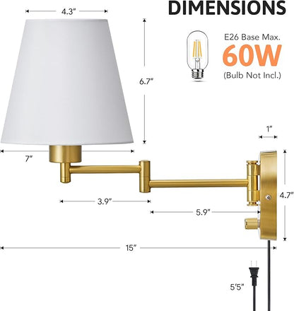 VONLUCE Swing Arm Wall Lamp, Plug in & Hardwired Wall Sconce, Adjustable Wall Mounted Lighting Fixture, Modern Wall Light with Golden Base White Fabric Shade for Bedside, Hallway, Reading