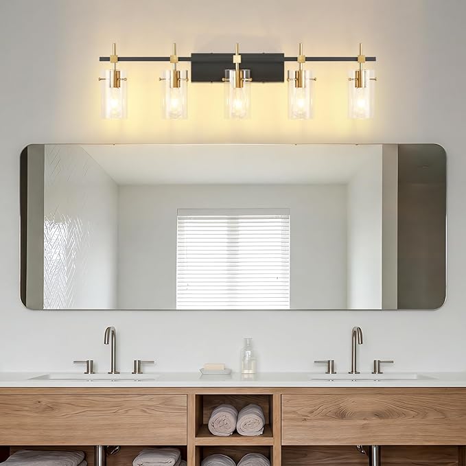 SOLFART 40.1 inch Vintage Brass Bathroom Vanity Light fixtures Bathroom Wall Lights Over Mirror with Glass Shade 5 Light