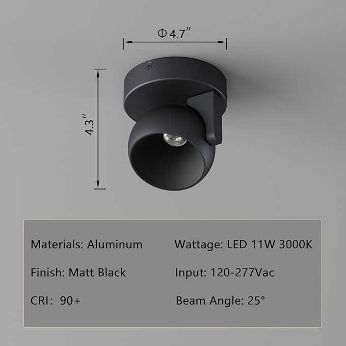 LED Ceiling Light Dimmable Flush Mount Adjustable Ceiling Light Fixture, Directional Spotlight for Pictures Living Room Bedroom Foyer - 3000K 11W 25° Flicker Free (Black)