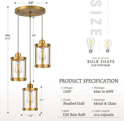 3-Light Pendant Lighting, Brushed Gold Dining Room Chandelier Light Fixture Over Table with Clear Glass, Modern Cluster Hanging Lights for Kitchen Island Sink, OS-3014-3BG