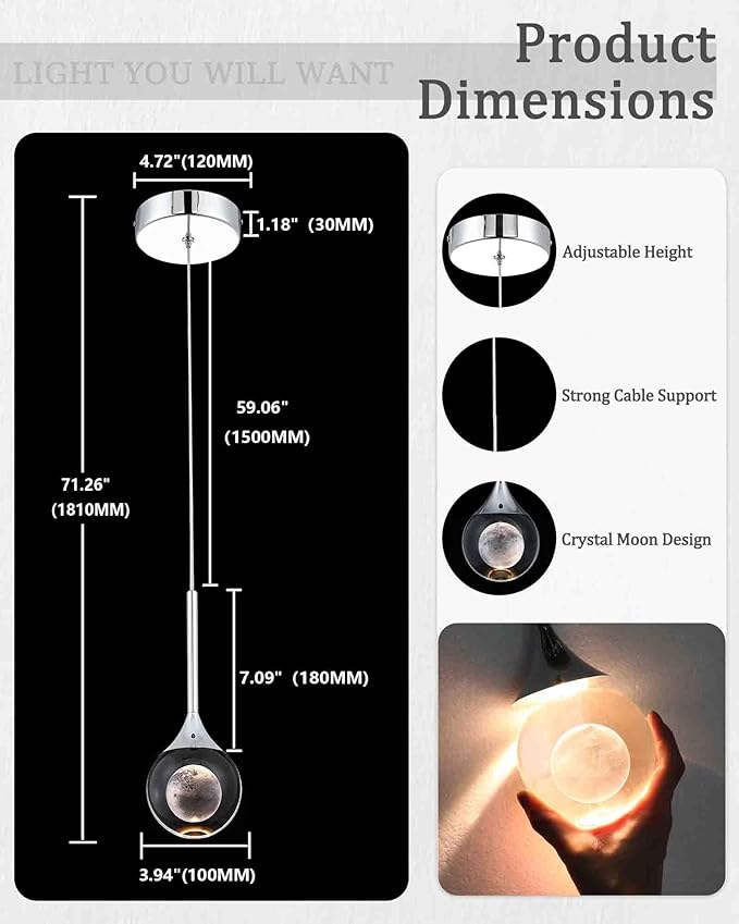 Modern Crystal Moon Pendant Light, Chrome Dimmable Natural White (3000K) LED Hanging Light Fixture for Kitchen Island, Dining Room, Bar, Bedroom