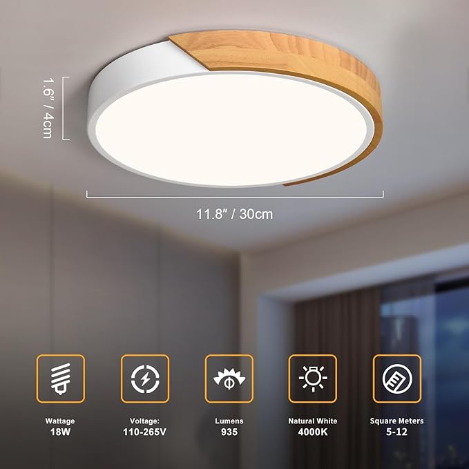 Modern LED Ceiling Light, Minimalist Wood Style Flush Mount Ceiling Light Fixture, Circle Lighting Lamp with Acrylic Lampshade for Bedroom Living Room Dining Room Laundry (White, 11.8'')