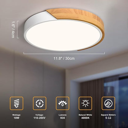 Modern LED Ceiling Light, Minimalist Wood Style Flush Mount Ceiling Light Fixture, Circle Lighting Lamp with Acrylic Lampshade for Bedroom Living Room Dining Room Laundry (White, 11.8'')