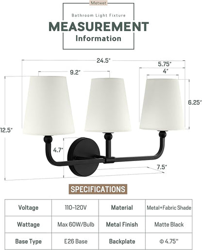 Bathroom Light Fixtures, 3-Light Matte Black Vanity Lights with Flared Beige Fabric Shade, Vintage Sconces Wall Lighting for Hallway Bedroom, VL837-MB-B-3