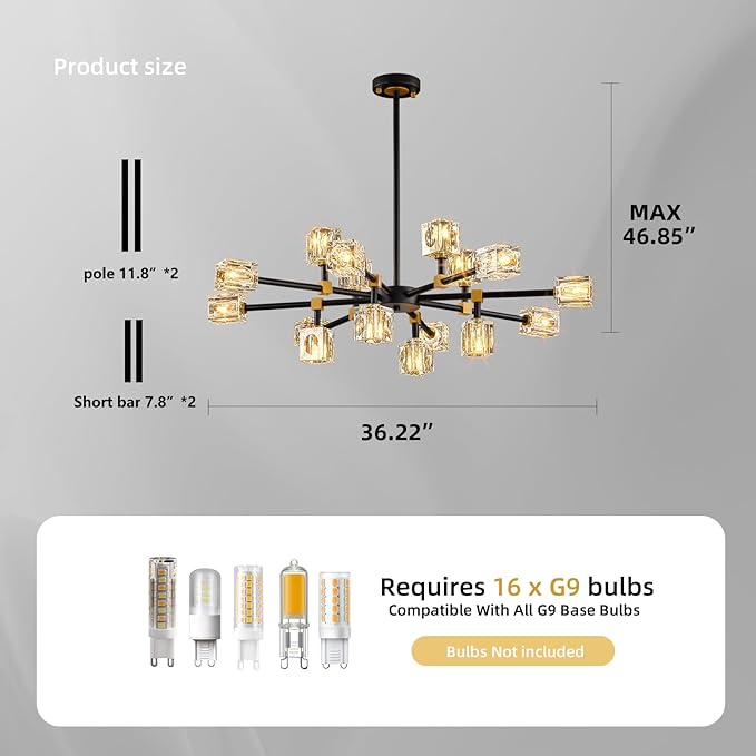 Modern Chandeliers for Dining Room, Black and Gold Crystal Ceiling Light Fixture for Living Room,16 Lights Large Sputnik Chandelier for High Ceilings Entryway,Kitchen Island,Foyer,Bedroom