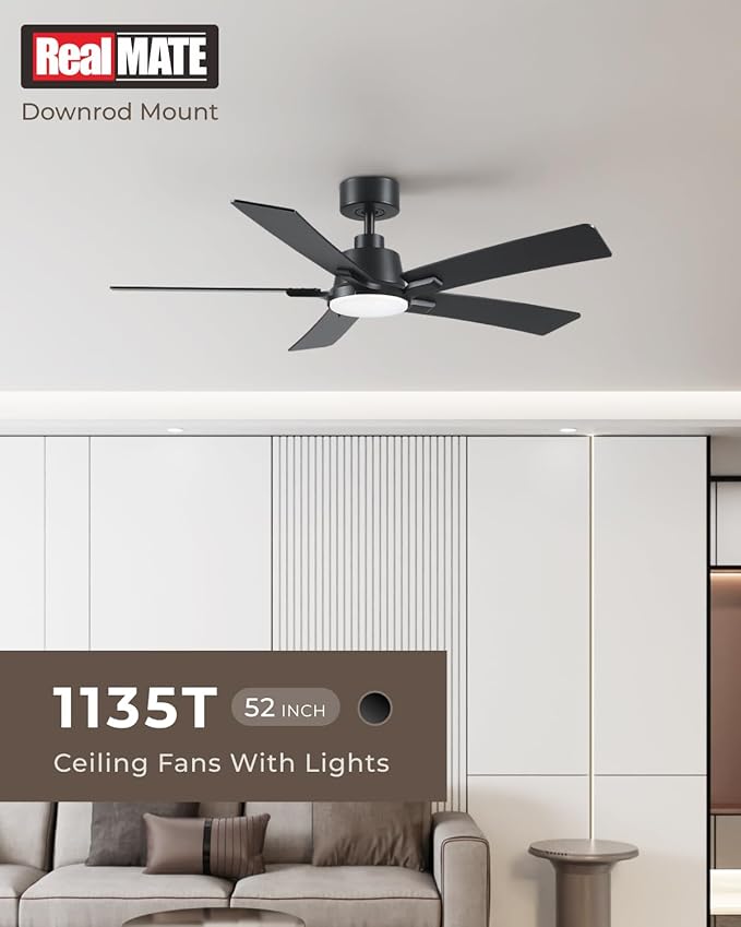 52 Inch Ceiling Fans with Lights and Remote, Black Ceiling Fan, Downrod Style with 5 Blades, Modern Design For Indoor Bedroom Living Room/Outdoor, 6 Speed Reversible DC Motor, 3CCT Dimmable LED