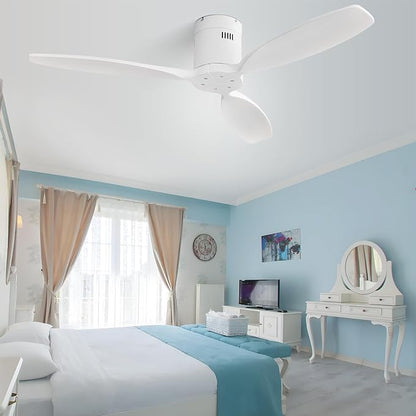 Sofucor 52 Inch Smart Ceiling Fan Without Light Flush Mount Solid Wood Ceiling Fan with Alexa/Google/APP/Remote Control-Modern Outdoor Ceiling Fans No Light for Bedroom/Patio/Indoor, White