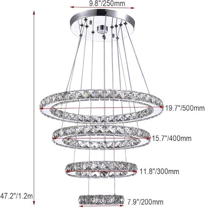 LED Chandeliers, Modern Crystal Chandelier Dining Room Living Room LED Ceiling Pendant Light 4 Rings Adjustable Stainless Steel Contemporary Chandeliers (4r Cool White)