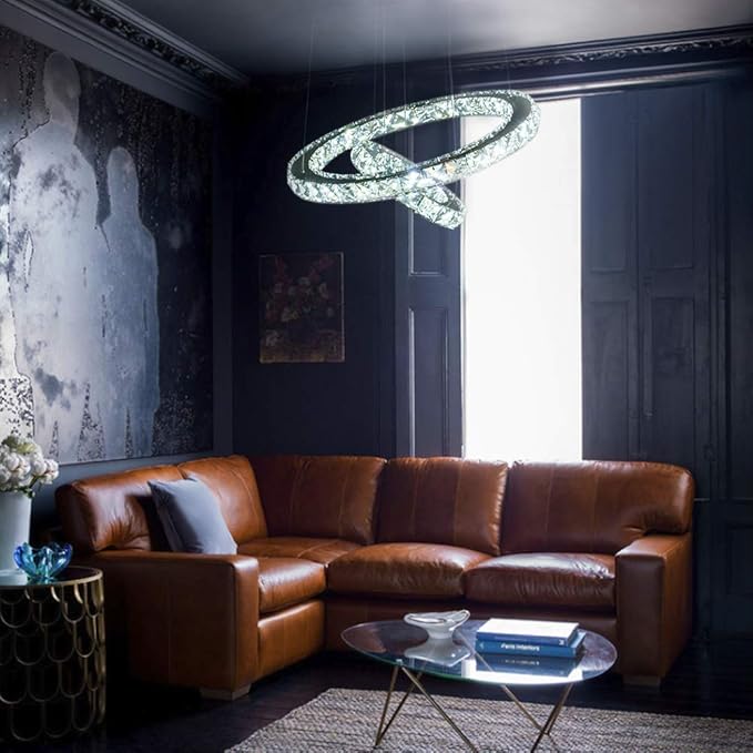 Modern Crystal Chandeliers Dimmable Round Pendant Lighting with Remote 2 Rings LED Ceiling Hanging Light Fixture for Foyer Dining Room Living Room Bedroom, 3000K/4000K/6000K 15.75”+7.7”