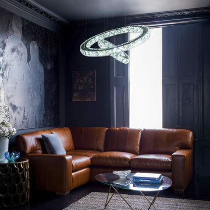 Modern Crystal Chandeliers Dimmable Round Pendant Lighting with Remote 2 Rings LED Ceiling Hanging Light Fixture for Foyer Dining Room Living Room Bedroom, 3000K/4000K/6000K 15.75”+7.7”