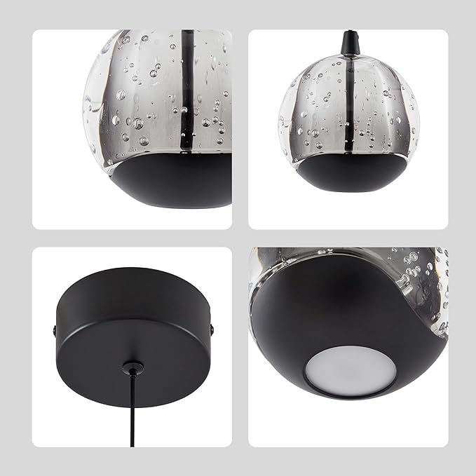 Modern Black Single Pendant Light with Bubble Glass, Small Globe Pendant Light 70.86" Drop, Kitchen Pendant Lighting Over Island, Bar, Entryway, Warm White 3000K, 519 lm, Ø 4.73"