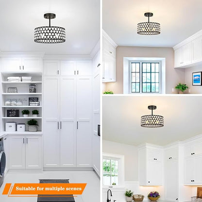 Lxybcce Black Crystal Ceiling Light Fixture - Modern Semi Flush Mount Ceiling Light for Hallway, Kitchen Lighting Fixtures Ceiling, Dazzling Prism Chandelier for Foyer Closet Bedroom, 3 Light, 12 in