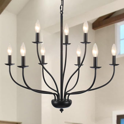 Black Farmhouse Chandelier 9-Light, 2-Tier Modern Candle Chandeliers for Dining Room Light Fixtures, Industrial Hanging Light French Country Chandelier for Bedroom Living Room Foyer Entryway