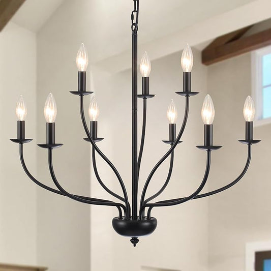 Black Farmhouse Chandelier 9-Light, 2-Tier Modern Candle Chandeliers for Dining Room Light Fixtures, Industrial Hanging Light French Country Chandelier for Bedroom Living Room Foyer Entryway