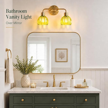 2-Light Gold Brass Bathroom Light Fixture,Wall Sconces,Brushed Gold Vanlity Light Over Mirror,Bathroom Vanity Light with Green Glass Flower Shade,E26 Socket(Bulbs Not Included)