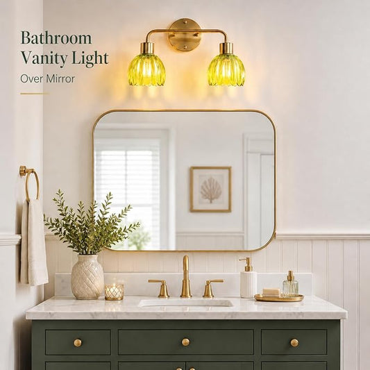 2-Light Gold Brass Bathroom Light Fixture,Wall Sconces,Brushed Gold Vanlity Light Over Mirror,Bathroom Vanity Light with Green Glass Flower Shade,E26 Socket(Bulbs Not Included)
