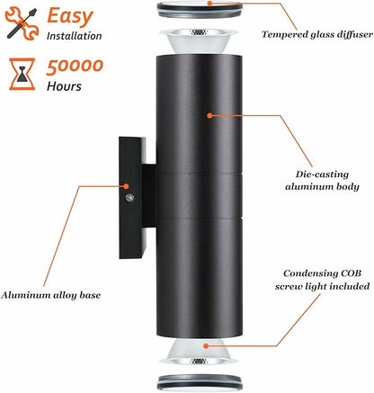 DAKAFUL Outdoor Wall Lights 12Packs, Integrated LED Cylinder Up Down Lights, 12W 2700K Aluminum Exterior Wall Light, Outdoor Light Fixture for Porch Patio Door