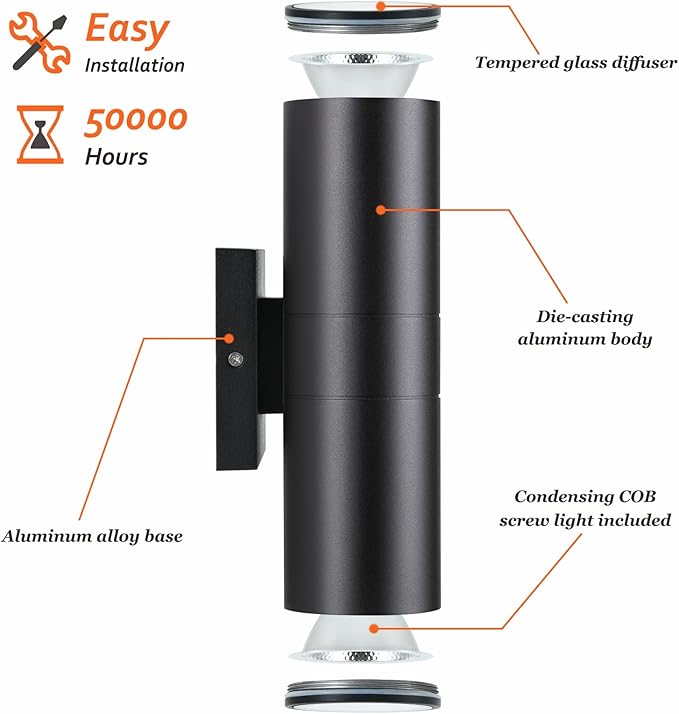 DAKAFUL Dimmable Wall Lights Outdoor 2 Packs, Integrated LED Cylinder Up Down 12W 2700K Modern Aluminum Light, Waterproof Exterior Light for Porch Patio Door