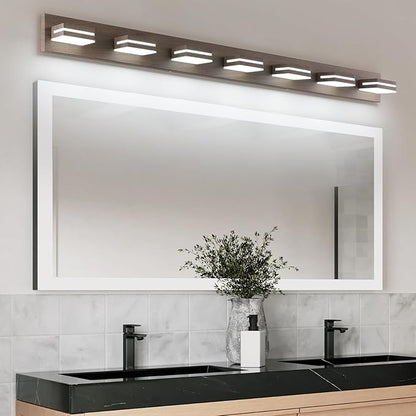 SineRise LED Modern Bathroom Vanity Light Fixtures (7-Light, 55-Inch, Dimmable), Brown Wood Painted Modern Acrylic Bathroom Wall Lighting Fixtures Over Mirror (Cool White 6000K)