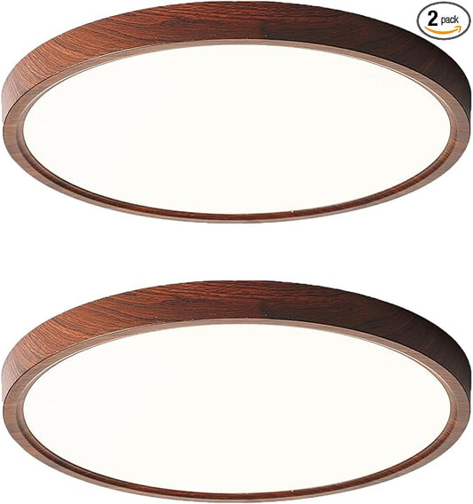 HEYAN Walnut Wood Flush Mount Ceiling Light Fixture,16 Inch Dimmable LED Ceiling Light with 3000K-4000K-6000K Selectable Flat Low Profile Round Ceiling Lights for Bedroom Hallway Laundry (2 Pack)