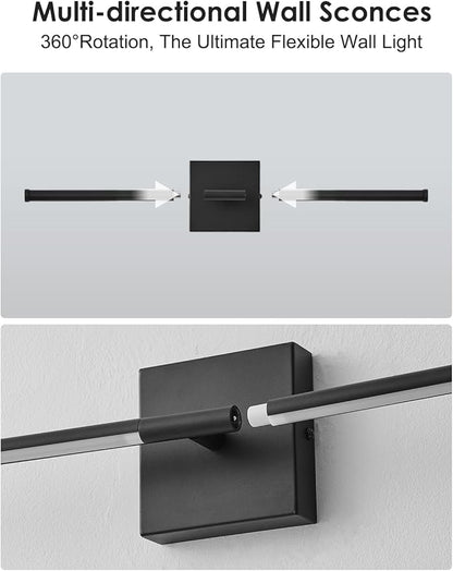 KARTOOSH 20.4 Inch Hardwired Wall Sconces Set of Two, 3000K Warm White Dimmable Modern Wall Sconces, 350° Rotate LED Light Fixtures Wall Lamp for Bathroom Living Room Bedroom Bedside, Black