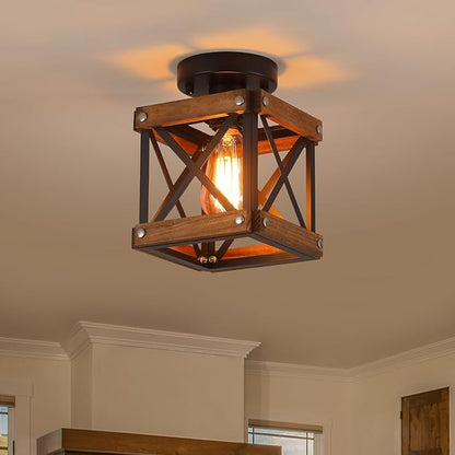 Rustic Farmhouse Wood Flush Mount Ceiling Light Fixture Oak Wood and Metal Square Cage Small Semi Flush Mount Ceiling Light for Kitchen Hallway Entry Bedroom Country Farmhouse, Black