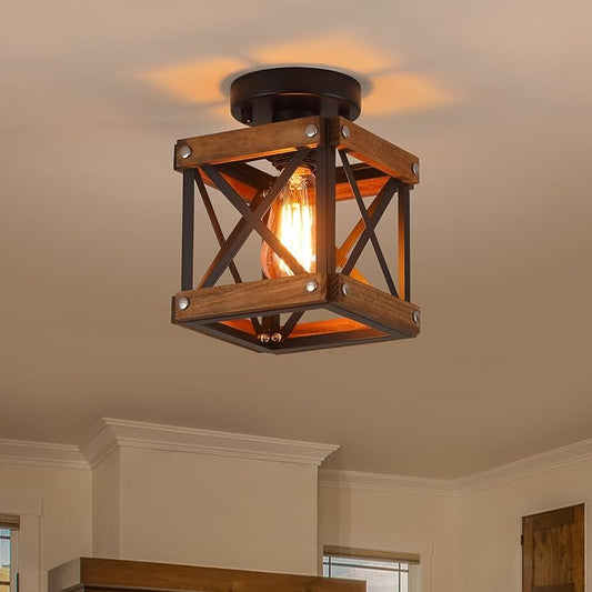 Rustic Farmhouse Wood Flush Mount Ceiling Light Fixture Oak Wood and Metal Square Cage Small Semi Flush Mount Ceiling Light for Kitchen Hallway Entry Bedroom Country Farmhouse, Black