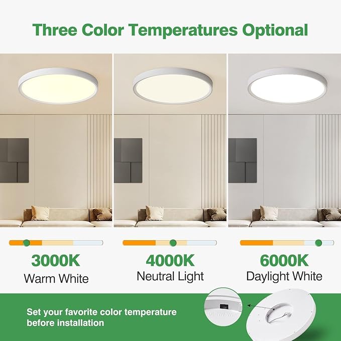 20 Inch Large LED Flush Mount Ceiling Light, 40W,4350LM, 3000K/4000K/6000K CCT Selectable,White Round Flat Panel Light Low Profile Ceiling Light Fitures for Hallway, Kitchen, Bedroom, Laundry(1PK)