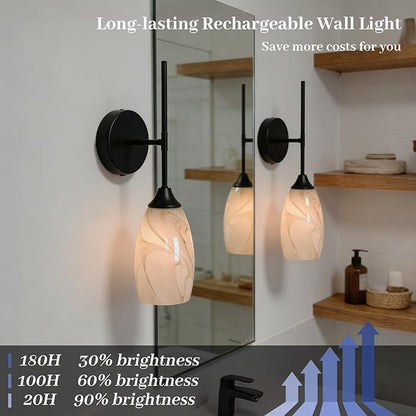 Vintage Battery Operated Wall Sconces Hand-Blown Glass , Rustic Touch & Remote Control Wall Lights Set of 2, Rechargeable 8000mAh, 3 Temperatures, Dimmable, Wireless Sconce for Bedroom Living Room