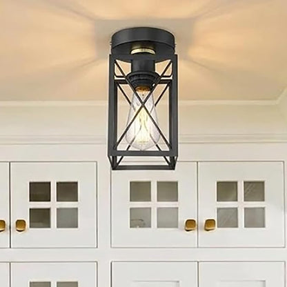 Semi Flush Mount Ceiling Light,Metal Cage Farmhouse Light Fixture Hardwired for Entryway, Hallway, Kitchen Over Sink, Bathroom,Laundry Room,Modern Industrial Vintage Style,Single E26 Bulb（Black,1PK）