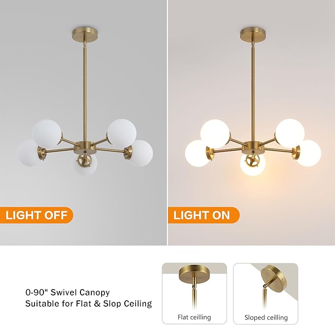 WINGBO 5-Light Sputnik Chandelier, Modern Pendant Light Fixture with 4.7" Opal White Glass Globe Shade for Flat and Slop Ceiling, Height Adjustable for Kitchen Living Room Dining Room Bedroom, Gold